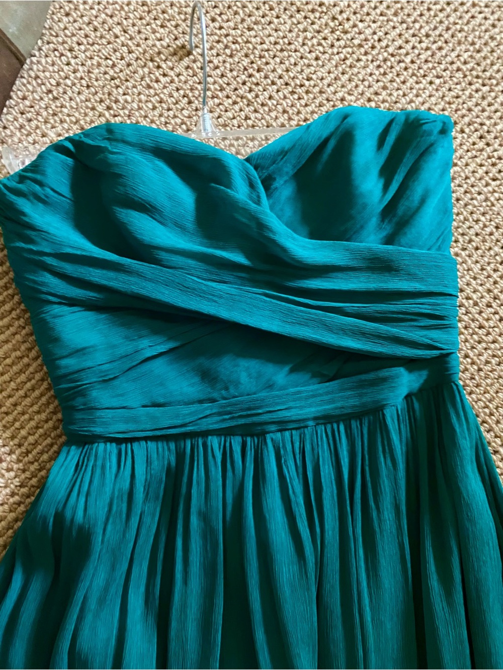 J. Crew Strapless Teal-Green Pleated long Dress. 100% silk chiffon